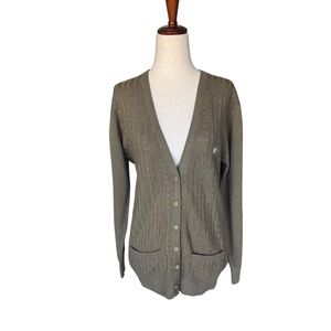 Pringle Scottish Wool Olive Green Khaki Cardigan Sweater Gold Button Size 36